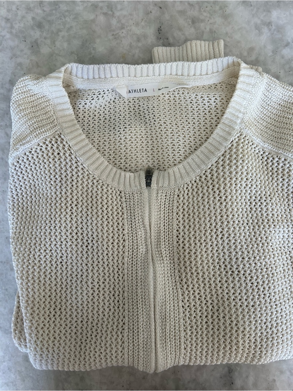 Athleta Cream Zip-Front Open Knit Cardigan